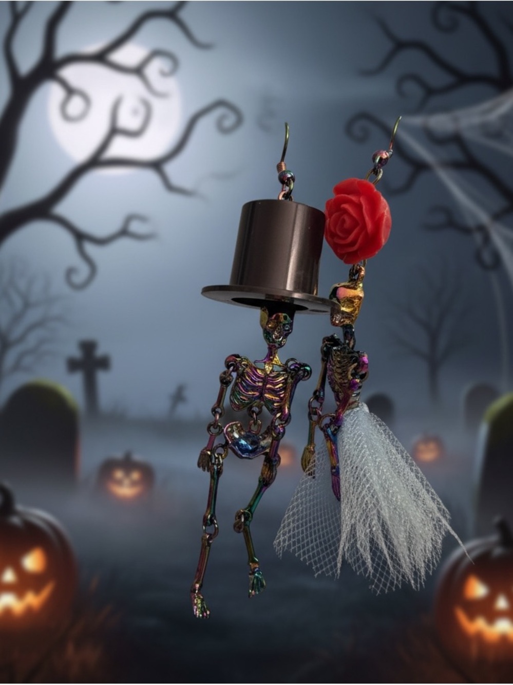 Halloween Skeleton Bride and Groom Earrings. Iridescent oil-slick metal.